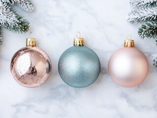 Elegant Christmas ornaments in soft pastel tones, including rose gold, teal, and pearl, placed on marble surface with snowy pine branches