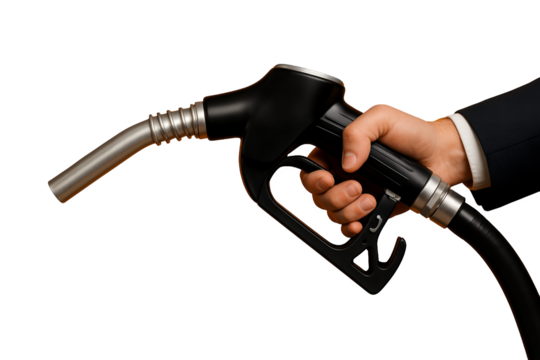 Hand of a financial advisor in suit holding fuel nozzle on a transparent and white background, concept for energy investment, economic analysis and petroleum industry