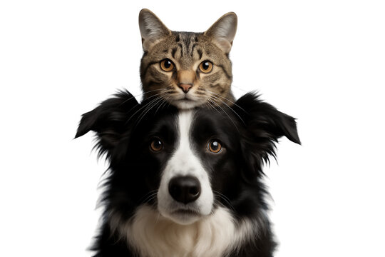 Close-up portrait of a tabby cat sitting on a black and white Border Collie's head on a transparent and white background, concept for friendship and harmony, pet care and animal companionship