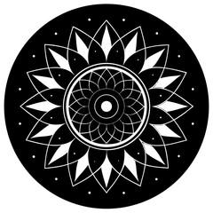 Stylized black and white mandala with floral petals and geometric center, isolated on white background