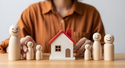 Family home house real estate insurance mortgage loan protection concept with wooden figures