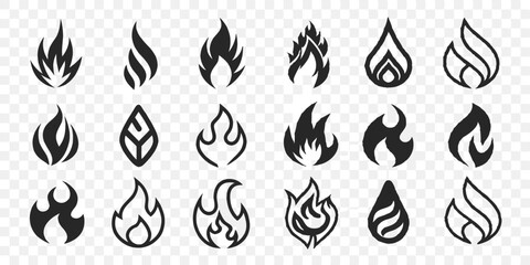 Collection of fire flames icons in various modern abstract and minimalist styles symbolizing energy and power