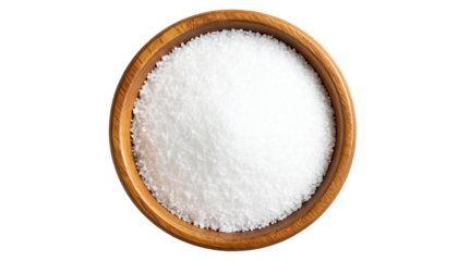 Granulated white sugar in a round wooden bowl, top-down flat lay view, isolated on a transparent background. 