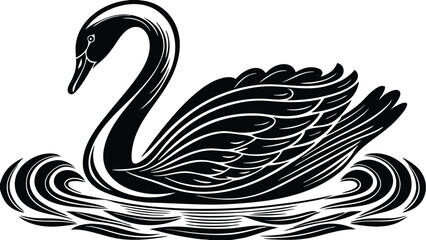 Fototapeta premium A stylized black swan gracefully gliding on water with intricate feather details and elegant neck curve design