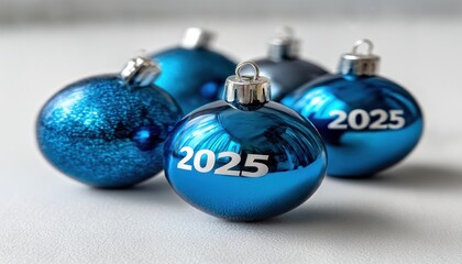 Festive blue ornaments with year 2025