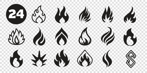 Assorted Black Fire Flame Icons Vector Set Isolated on Transparent Background Representing Combustion Heating or Passion