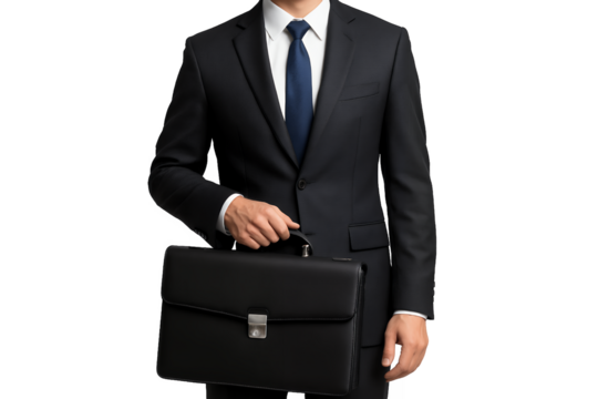Torso of a financial analyst holding a black briefcase in a formal suit on a transparent and white background, concept for investment strategy, corporate finance and business presentation