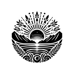 Stylized Sunrise Over Mountains and Water