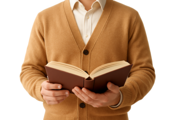 Young man holds open book, dressed in cardigan on a transparent and white background, concept for study promotion, private reading and knowledge exploration