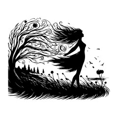 Woman's Silhouette Merging with Nature's Elements