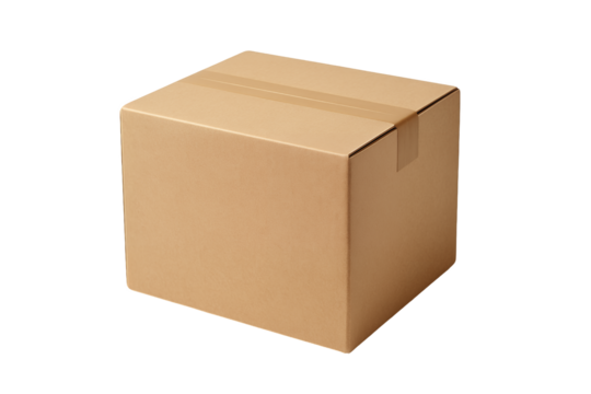 Sealed cardboard box with tape closure isolated on a transparent and white background, concept for secure packaging, shipping logistics and storage solution