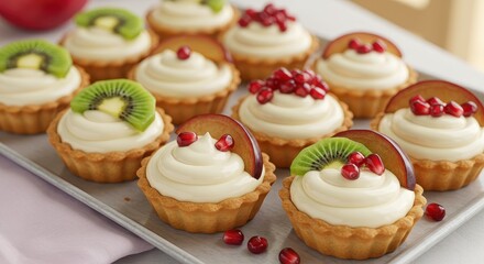 Colorful Fruit Tarts with Creamy Filling on a Baking Tray Ready for Dessert Enjoyment