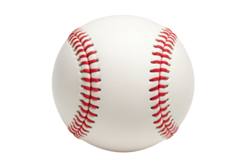 A pristine baseball with red stitching is displayed on a transparent and white background, concept for sports promotion, baseball training, and team branding