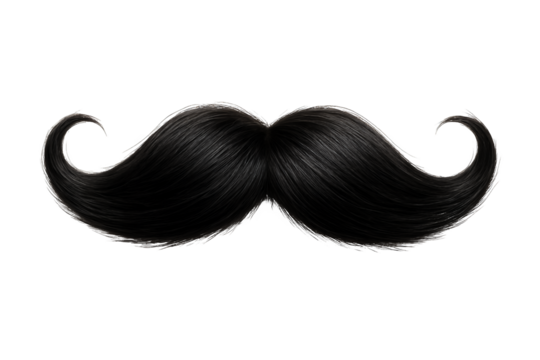 Close-up of a classic, curly black mustache on a transparent and transparent and white background, concept for vintage themes, party decorations and barber shop illustrations