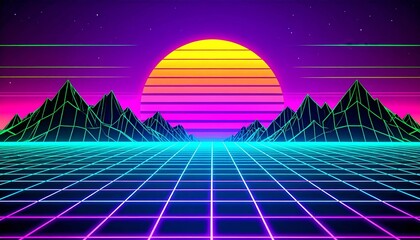 Vibrant retro sunset over a grid landscape with mountains, creating a nostalgic digital art scene