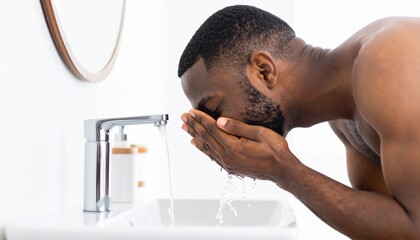 A dynamic, ultra-realistic close-up photograph of a person's hands splashing clear, cool water onto their face over a clean, white sink
