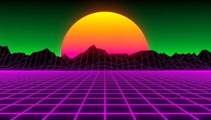 Vibrant retro sunset over a grid landscape with mountains, creating a nostalgic digital art scene