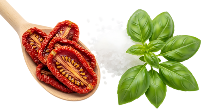 Sun dried tomatoes and basil leaves isolated on transparent background