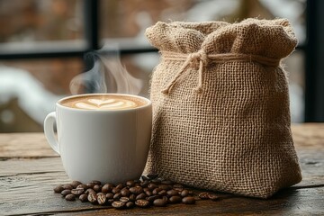 Warm coffee cup beside burlap sack filled with roasted coffee beans on wooden table with steam rising in cozy indoor setting