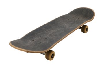Used skateboard with visible wear and tear on a transparent and white background, concept for extreme sports promotion, skate shop advertising and urban youth culture design