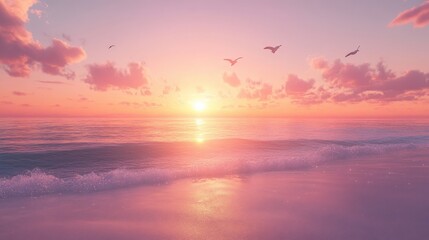 Serene sunset over calm ocean with flying birds