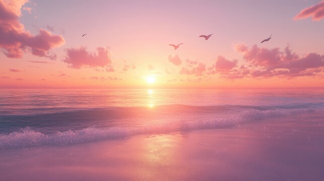 Serene sunset over calm ocean with flying birds