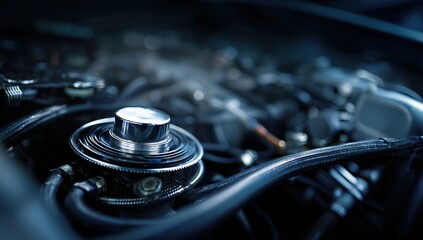 Car Engine Close-Up: Intricate Mechanical Details in Dark Lighting