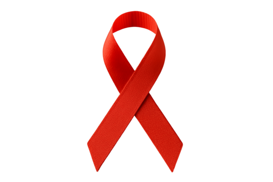 Close-up of a red ribbon on a transparent and white background signifying awareness, concept for AIDS awareness, healthcare campaigns and global solidarity