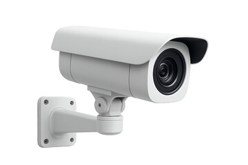Close-up of a white security camera is mounted on a transparent and white background, concept for surveillance systems, property protection and public safety