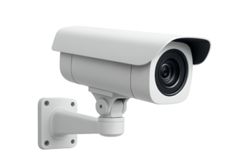 Close-up of a white security camera is mounted on a transparent and white background, concept for surveillance systems, property protection and public safety