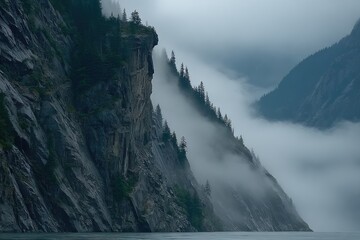 Misty mountain cliffs meet the water