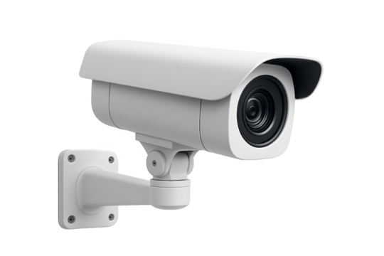 Close-up of a white security camera is mounted on a transparent and white background, concept for surveillance systems, property protection and public safety