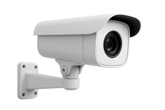CCTV camera with a sturdy white build installed against a transparent and white background, concept for security solutions, surveillance system and property protection