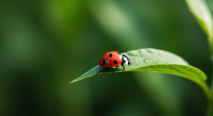 Fototapeta premium A ladybug with its bright red shell and black spots, crawling slowly along a green leaf.