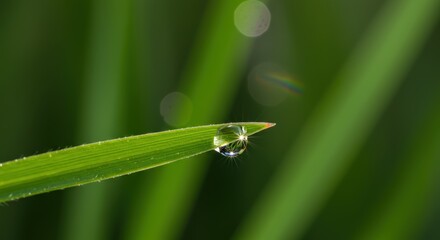 A macro shot of a single dewdrop balancing perfectly on the tip of a blade of green grass, with the morning sun creating a tiny rainbow inside the drop.