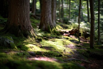 Sunlight filters through a mossy forest floor