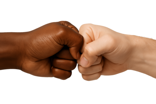 Diverse hands doing a fist bump for encouragement on a transparent and white background, concept for teamwork, solidarity and collaboration