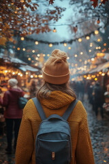 Obraz premium Woman walking down street with backpack.