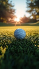Golf ball resting on lush green grass with sunset backdrop creating a warm glow in the evening sky