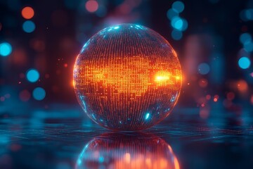 Digital globe displaying a network of data elements in a futuristic environment with vibrant lights