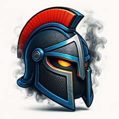Stylized Spartan Helmet Illustration with Orange Eyes Blue Trim and Red Crest on White Background