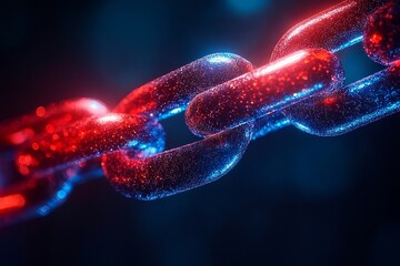 Colorful glowing chain link against dark background representing connection and strength in digital technology