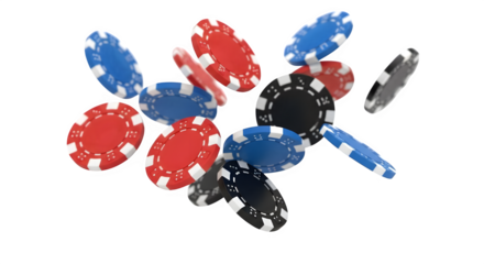 Dynamic cascade of vibrant red, blue, and black casino chips tumbling through space, evoking excitement and fortune.