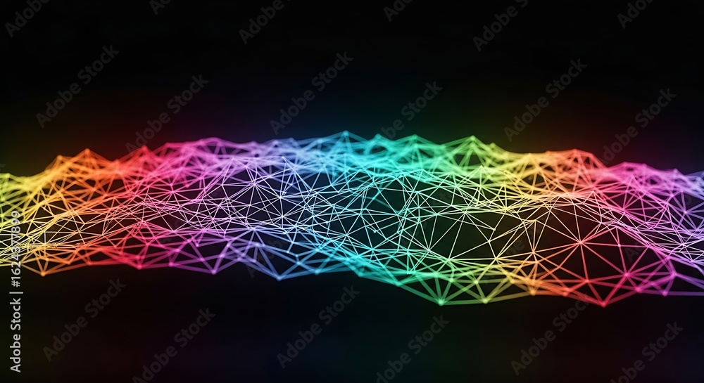 Poster vibrant abstract plexus network with rainbow colors on a black background