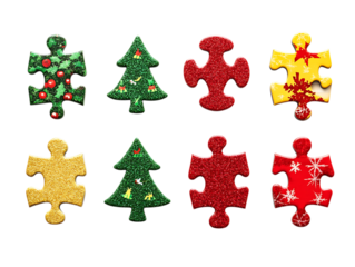 Eight festive christmas puzzle pieces in red green and yellow isolated on transparent background