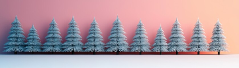 Minimalist row of frosted pine trees against soft gradient pink and orange background, evoking serene winter holiday atmosphere