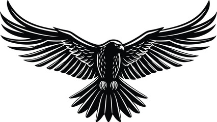 Obraz premium A striking black and white illustration of a raven with outstretched wings in a symmetrical design style
