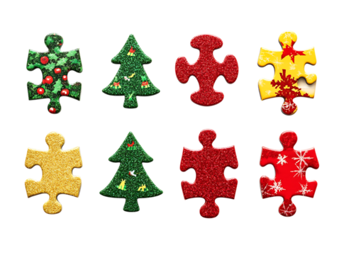 Eight festive christmas puzzle pieces in red green and yellow isolated on transparent background