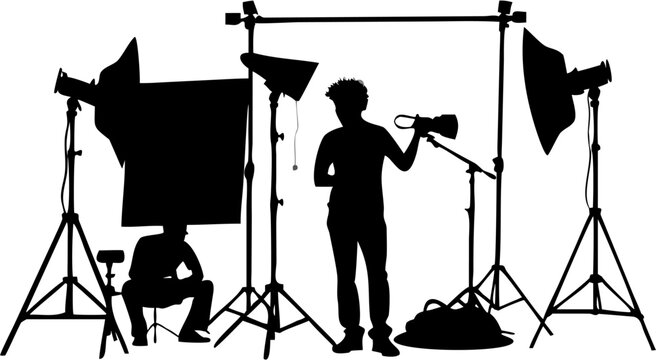 Silhouette of a photographer with lights and equipment in a studio setting capturing a scene perfectly | editable eps vectors