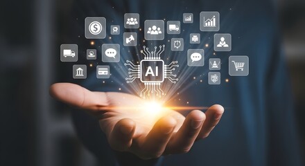 Ai artificial intelligence technology concept hand holding chip with business icons around it